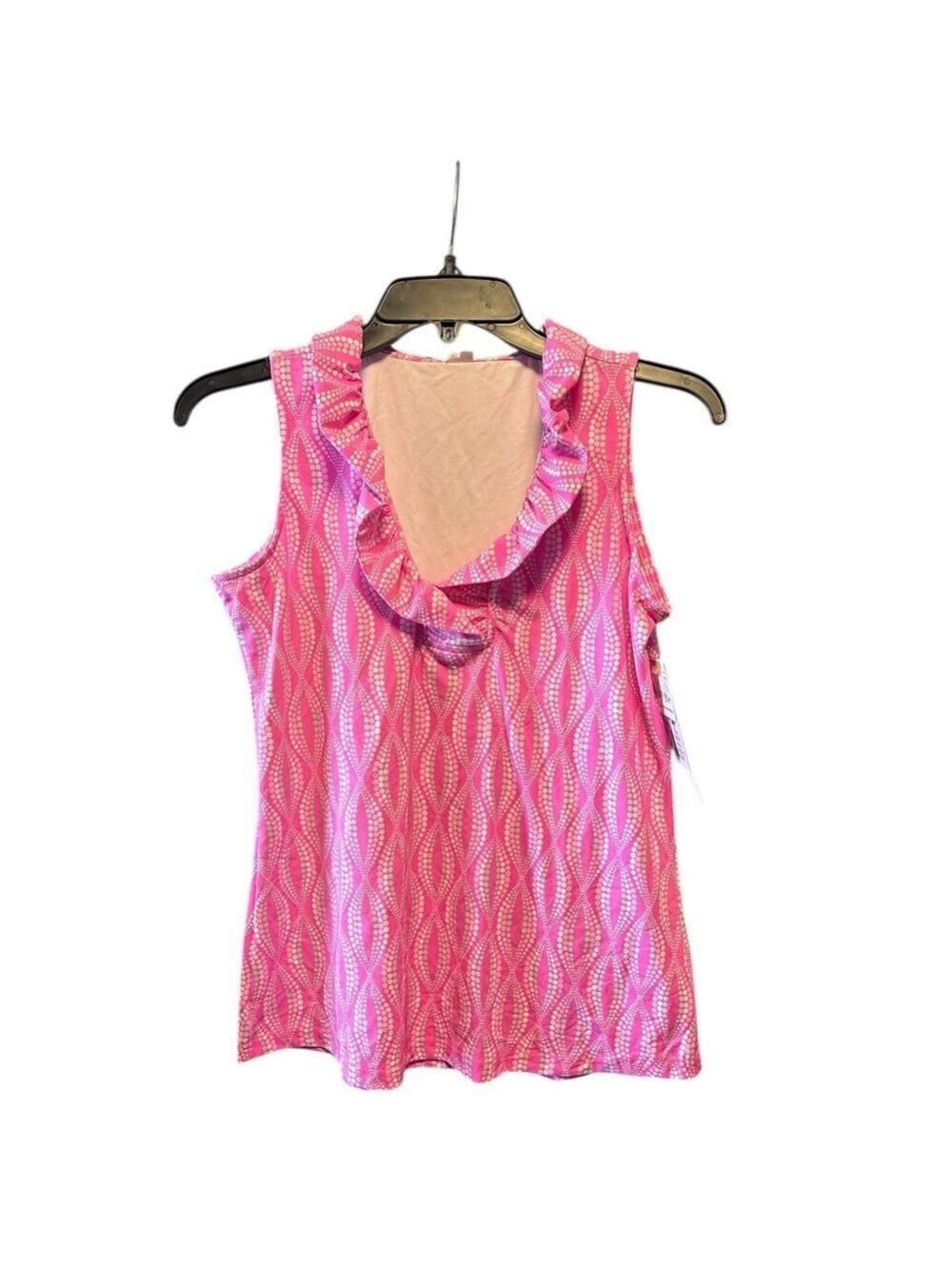 Lulu B Ruffle Neck Sleeveless Top Pink Dots Stretch NWT Size XS - Picture 3 of 8